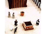 A close-up of the priests with a lamb and bullock ready for sacrifice by the Altar of Burnt Offering in a model of Moses` Tabernacle in the Wilderness.  Model by Andrew Gillesae, photographed by Mr Bates Snr